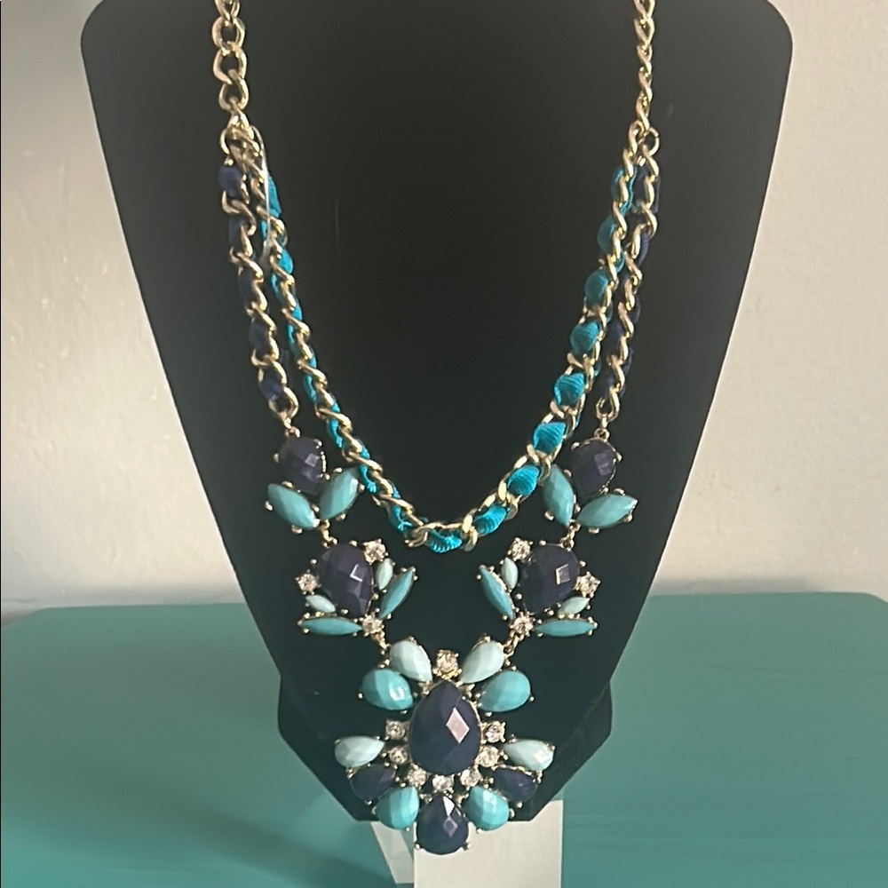 Multicolored Blue Rhinestone Gold Chain Ribbon Layered Statement Necklace Set